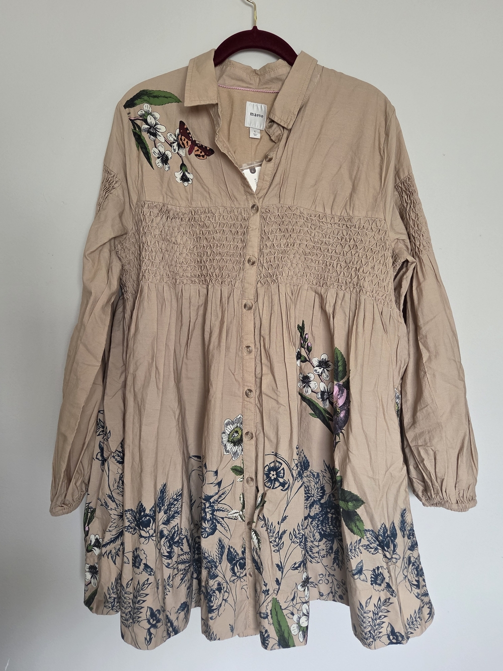 Maeve Beige Floral Button-Front Smocked Tunic